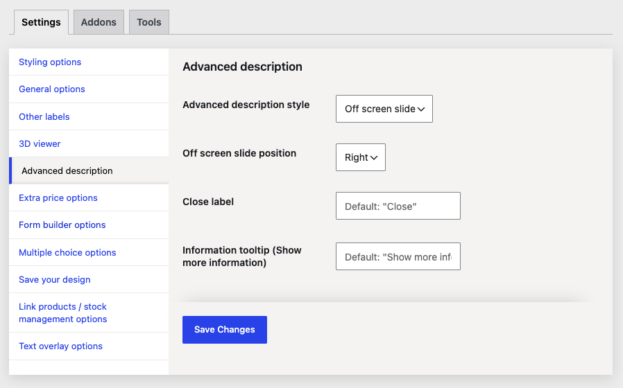 The Advanced description settings, showing style, slide position, close label and tooltip label