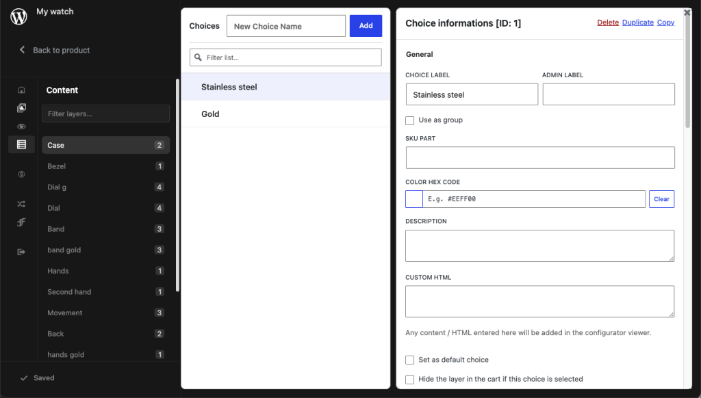 The Content section with a collapsed icon sidebar, a layers list with choice-count badges, a choices list, and the selected choice's settings