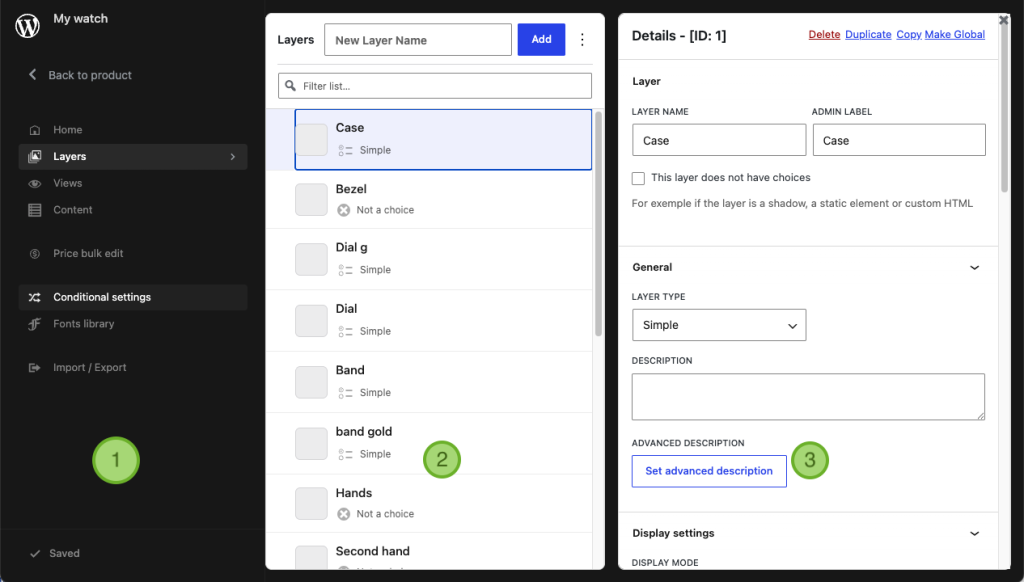 The Layers section with numbered callouts on the sidebar, the layers list, and the selected layer's details panel