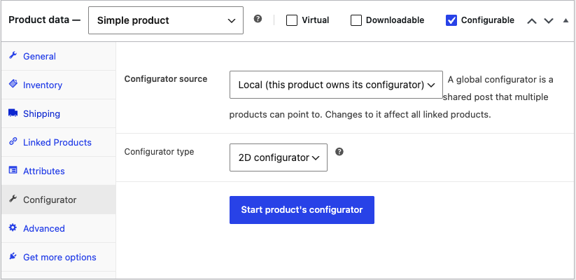 The product's Configurator tab, showing the Configurator source and Configurator type settings above the Start product's configurator button
