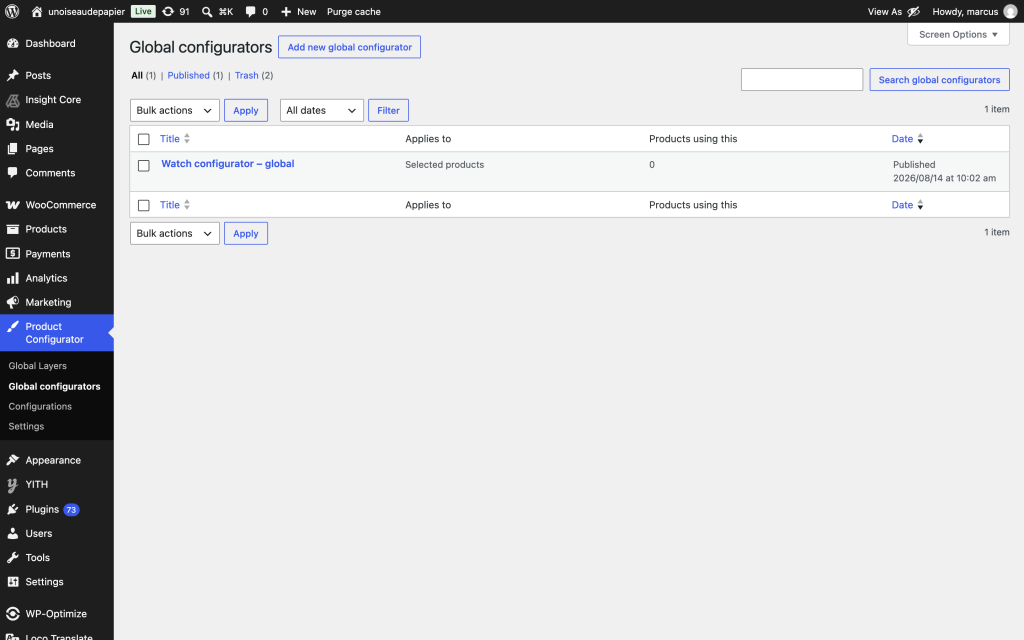 The Global configurators list, showing the Applies to and Products using this columns
