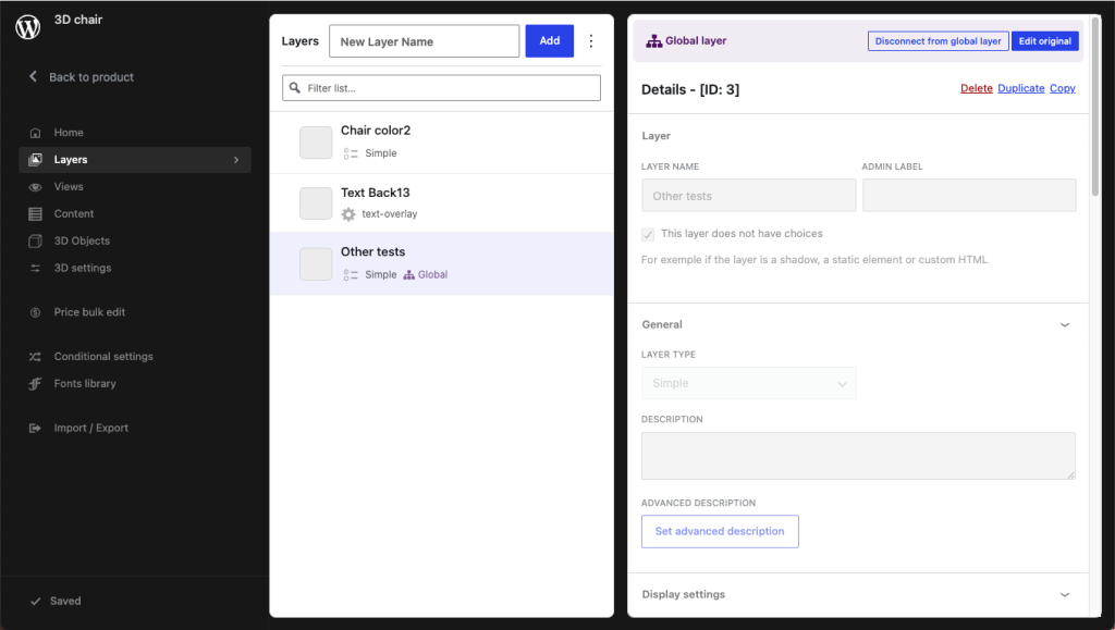 A configurator with a layer marked Global in the layers list, and its details panel showing a Global layer bar with Disconnect from global layer and Edit original buttons above greyed-out fields