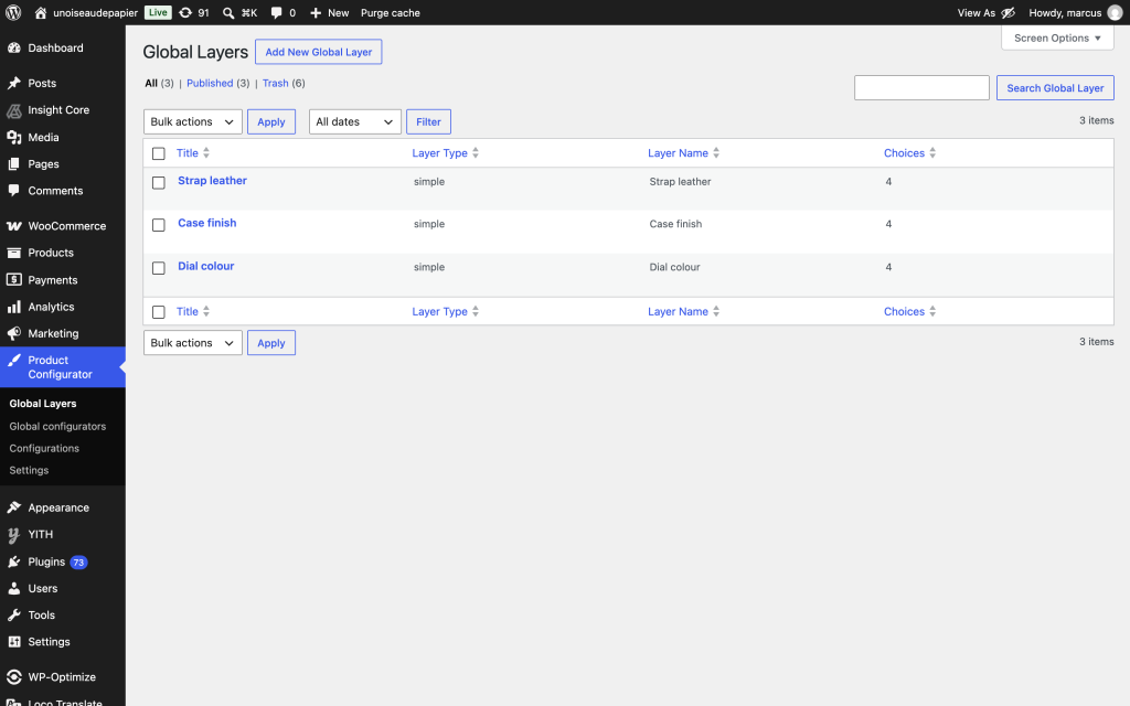 The Global Layers list showing the Layer Type, Layer Name and Choices columns