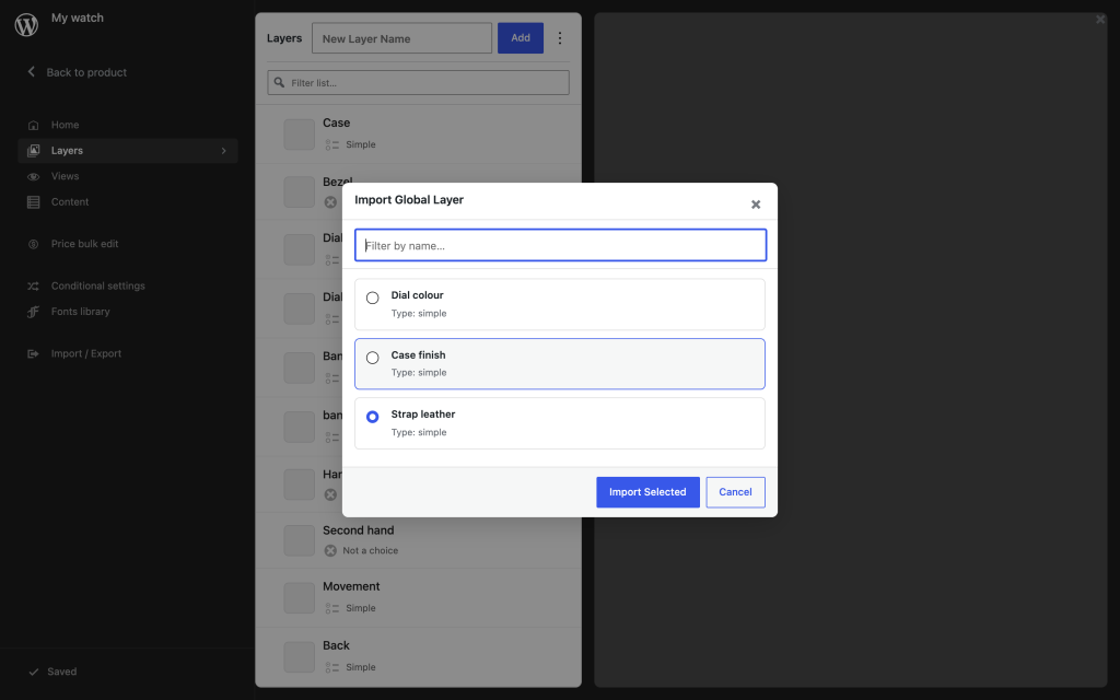 The Import Global Layer window with a filter box and three global layers, one selected