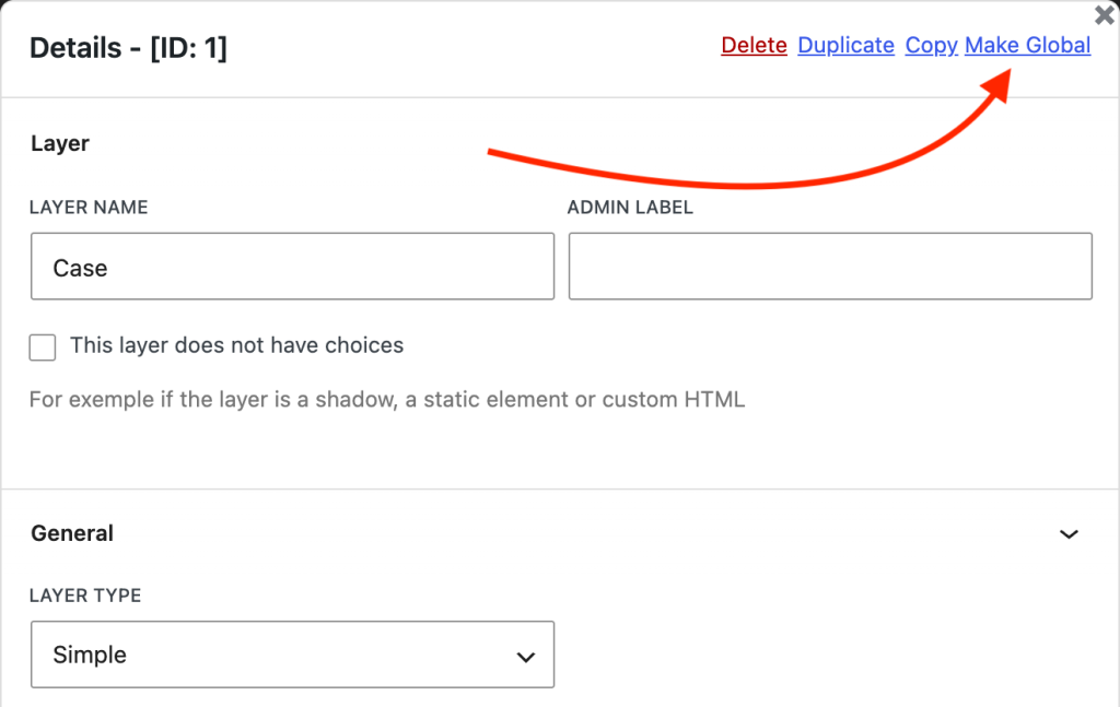 The layer details panel with Delete, Duplicate, Copy and Make Global actions