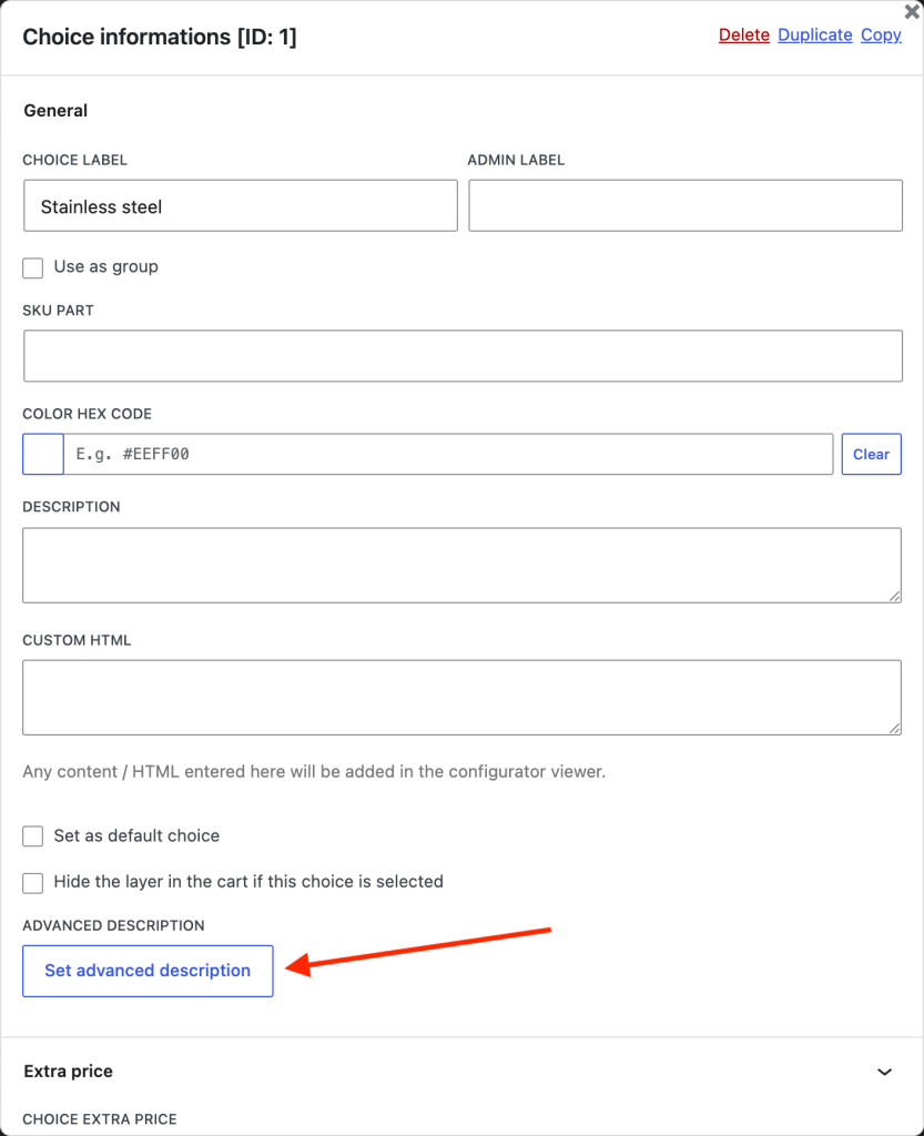 The choice settings panel with the Advanced description section and its Set advanced description button