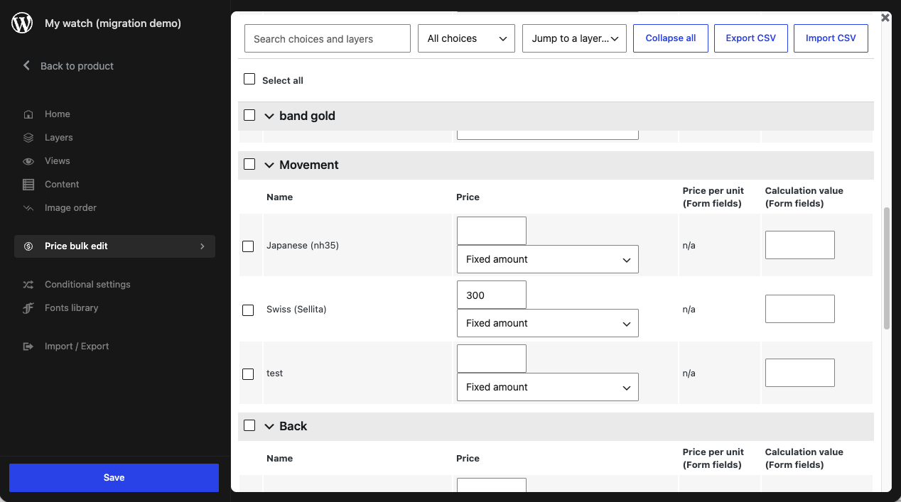 Bulk price editing screen