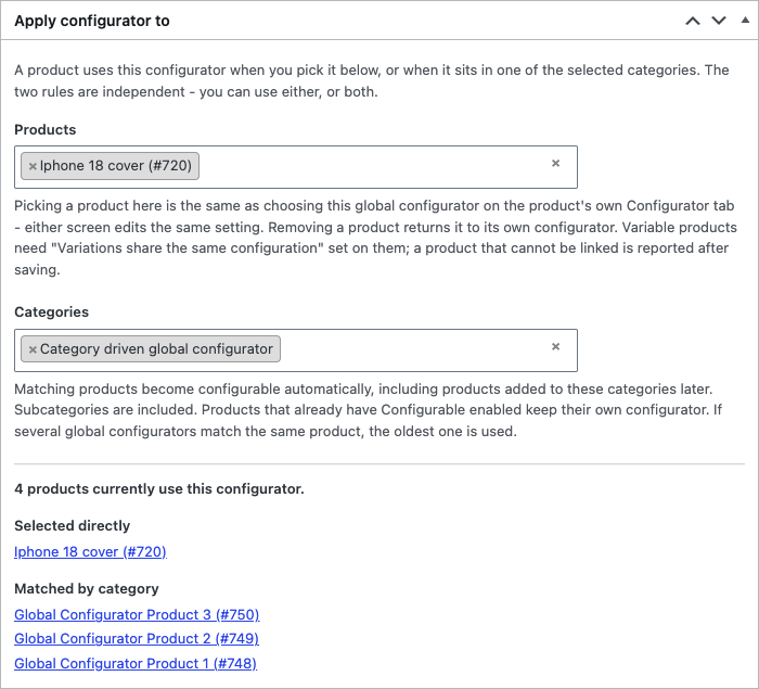 The Apply configurator to box on a global configurator, with Products and Categories filled and a usage list split into Selected directly and Matched by category