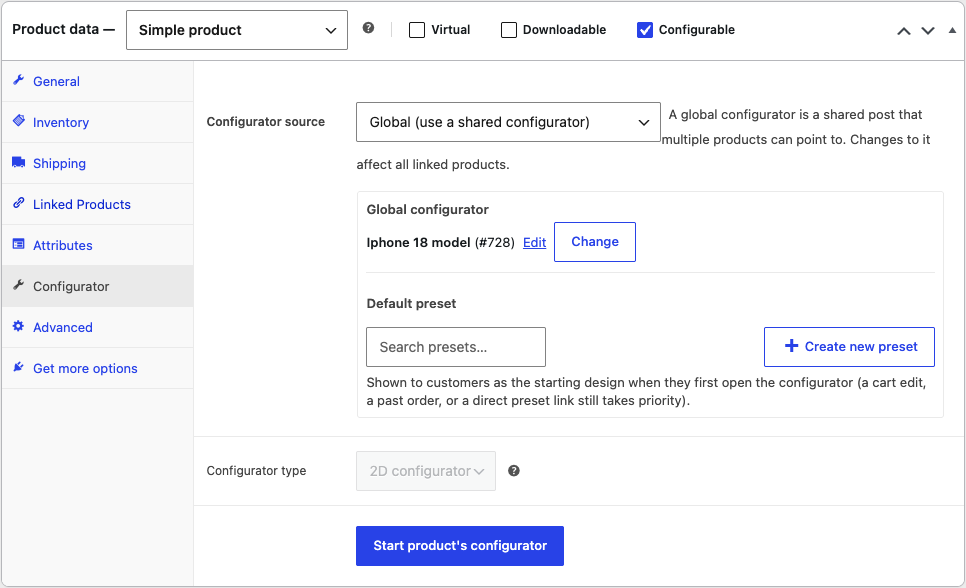The Configurator source setting on a product, set to Local, alongside the Configurator type setting
