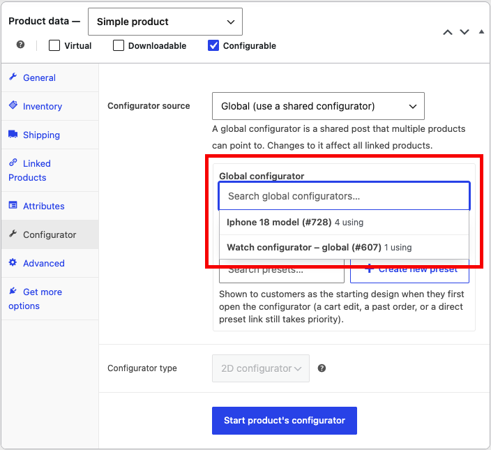 The product Configurator tab, with Configurator source set to Global and the Global configurator search listing matching configurators and how many products use each