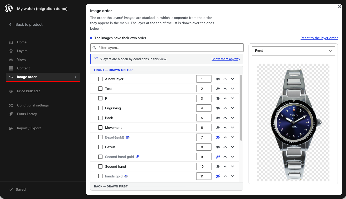 Screenshot of the image order