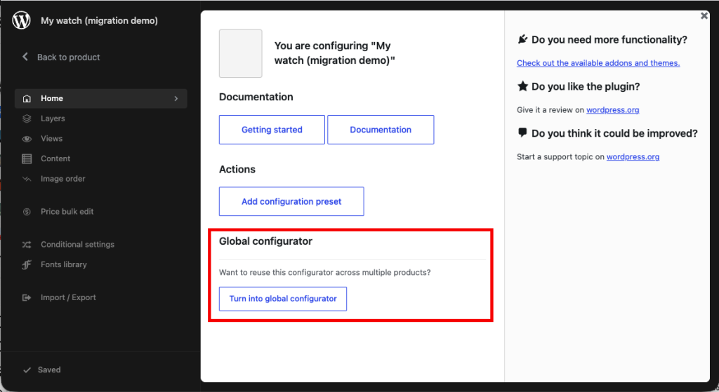 The configurator Home tab for a product, with a highlighted Global configurator section containing the Turn into global configurator button